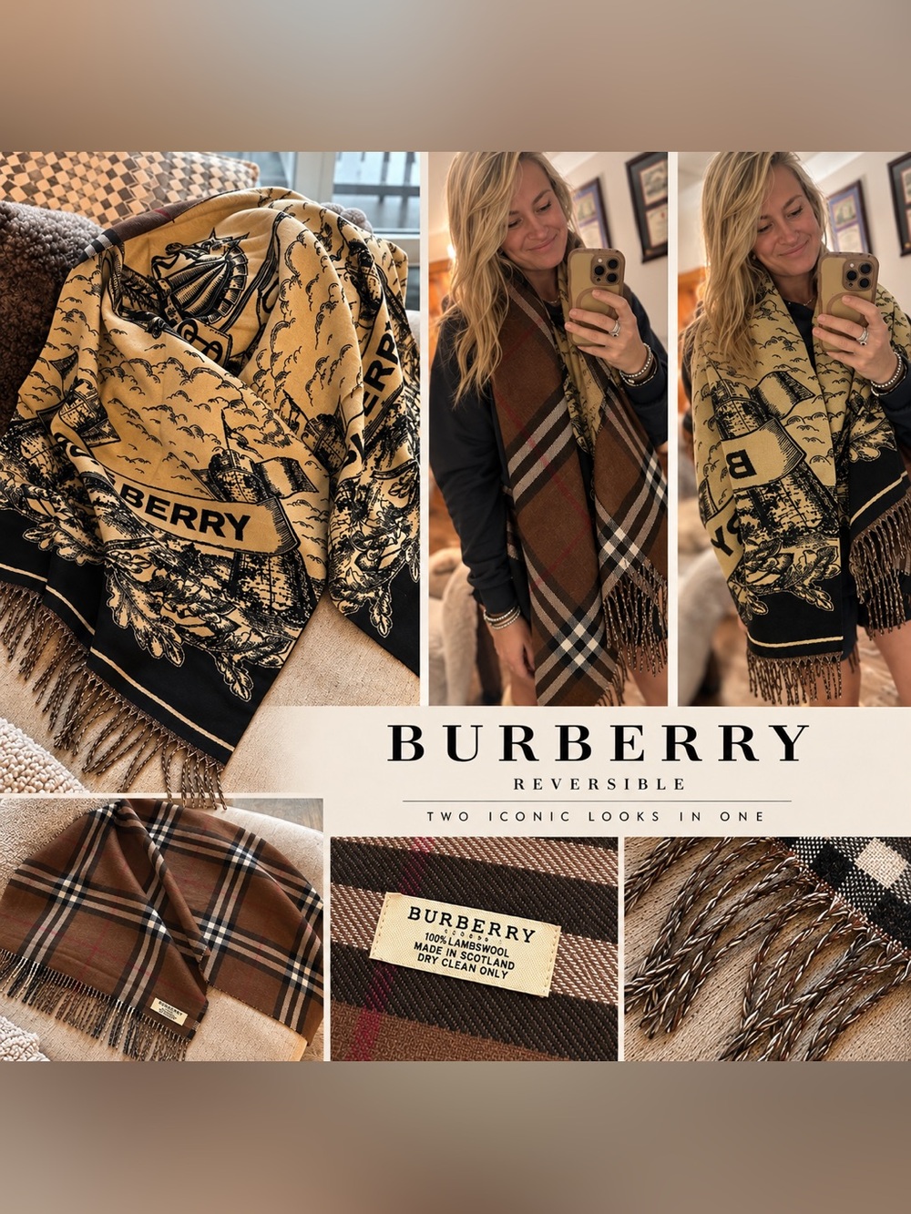 Burberry Reversible Scarf in Camel, Black and Brown
